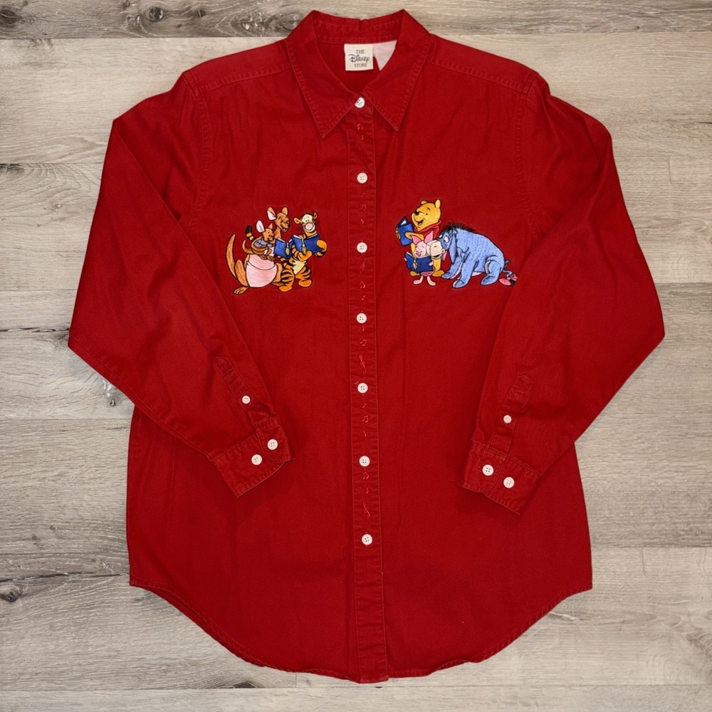 Vintage 90s Disney Winnie The Pooh Embroidered Button Down Shirt Woman's XL Red